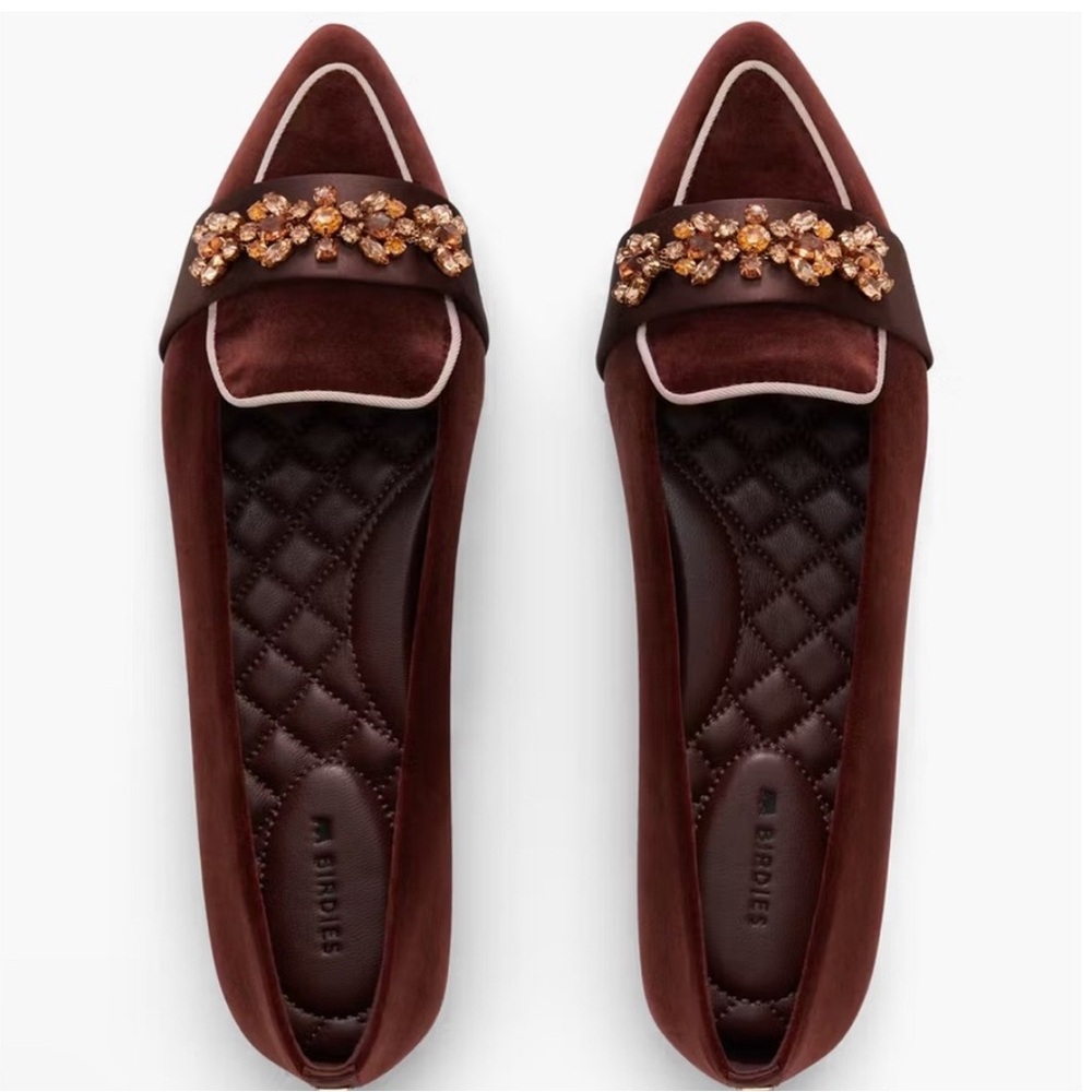 Birdies Wine Velvet Pointed Flats with Amber Crystal Trim